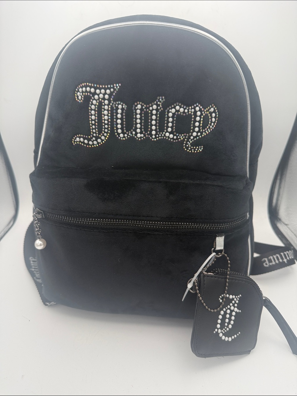 black velour Juicy Couture "Kimberly" backpack rhinestone logo w/ mini pouch new